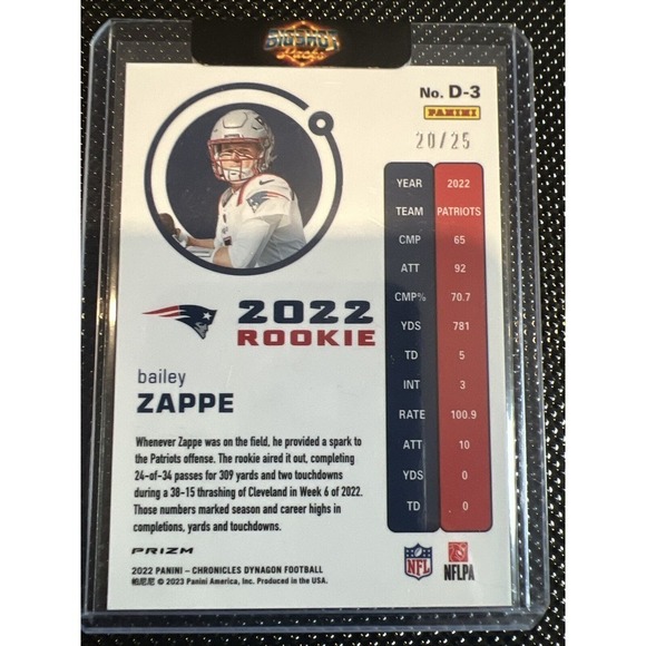 2022 Panini Chronicles Bailey Zappe Dynagon RC Blue /25 Patriots D-3 - Picture 2 of 2